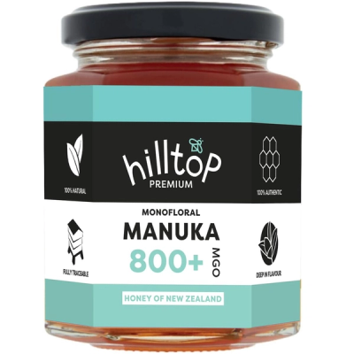 A jar of Hilltop Premium 800, an premium manuka honey.