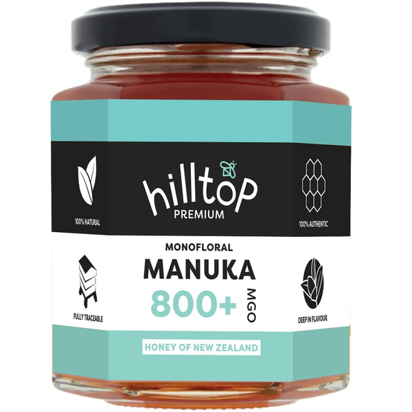 A jar of Hilltop Premium 800 honey