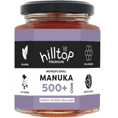 A jar of Hilltop Premium 500, an premium manuka honey.