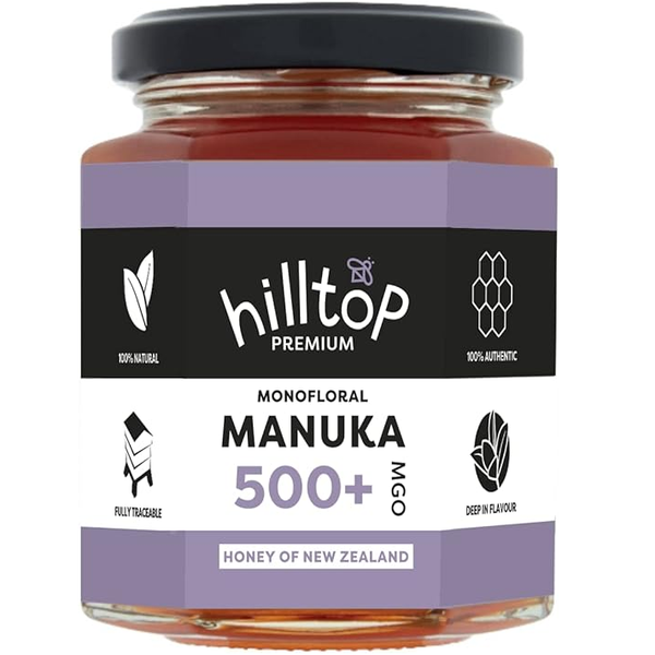 A jar of Hilltop Premium 500 honey