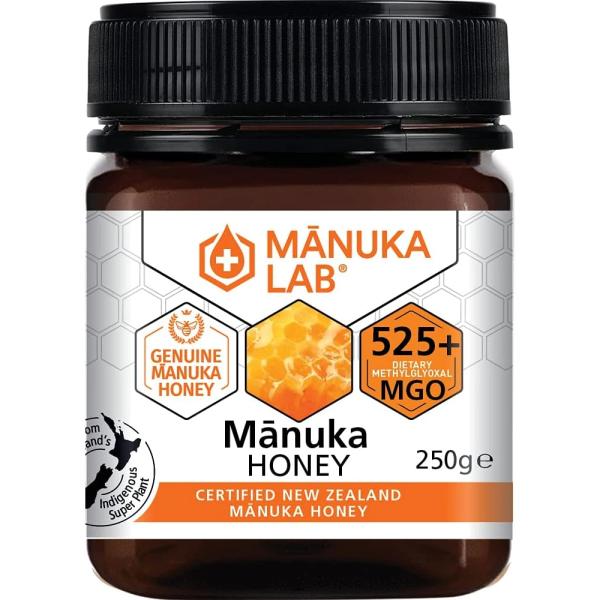 A jar of Manuka Lab 525 honey