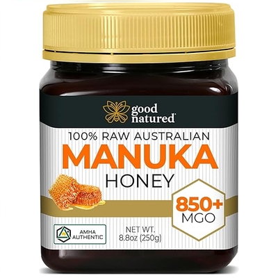 A jar of Good Natured Raw 850, an premium manuka honey.