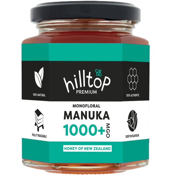 A jar of Hilltop Premium 1000 honey