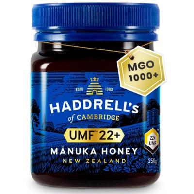 A jar of Haddrell's of Cambridge 970, an premium manuka honey.