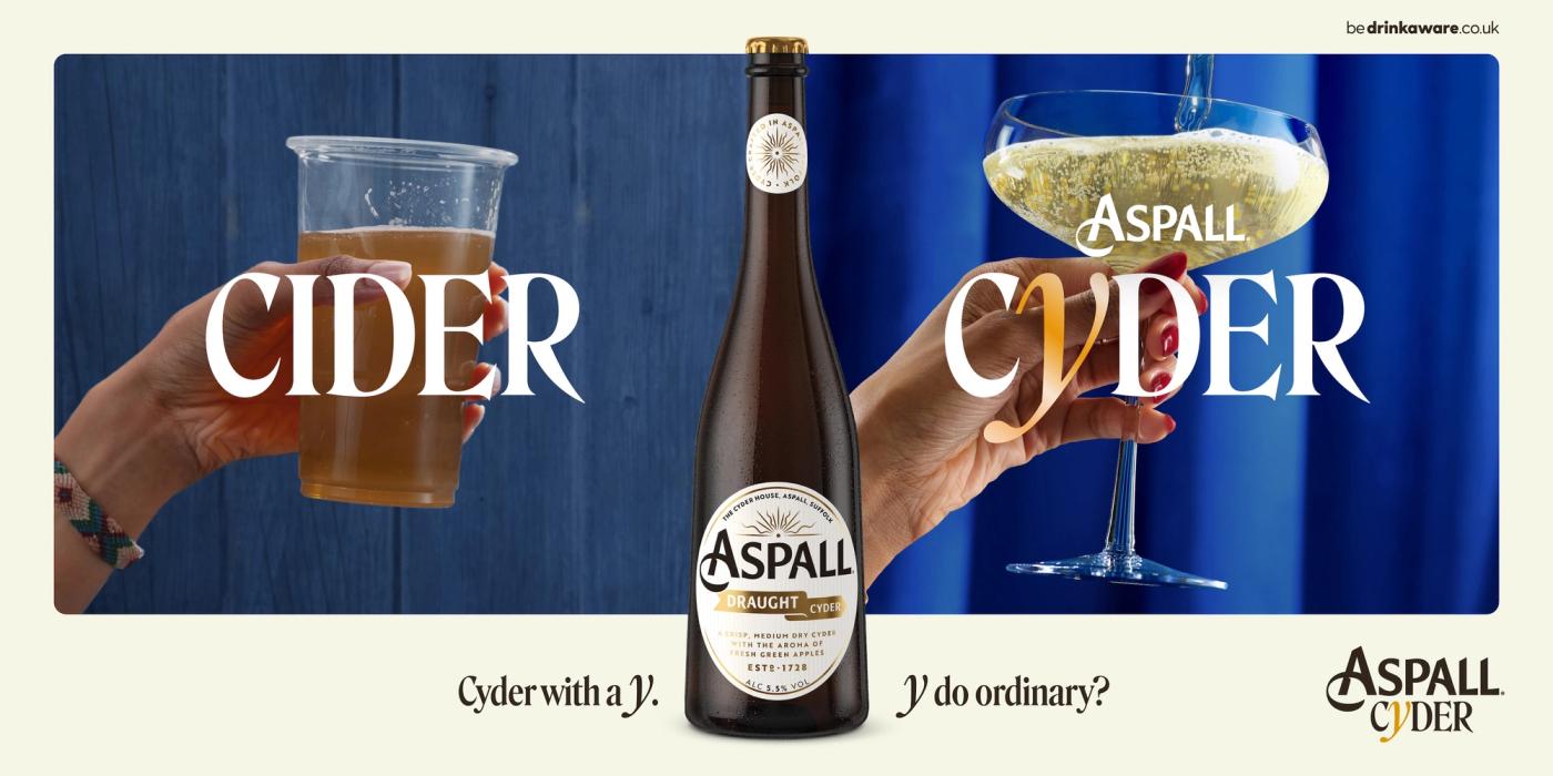 A dull, plastic pint of flat cider on the left; a vibrant, bubbly coupe glass of sparkly Aspall Cider on the right. Both with blue backgrounds.