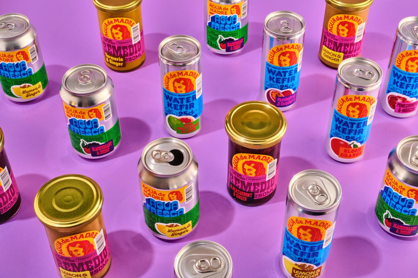 A selection of Agua de Madre products on a vibrant purple field with hard shadows