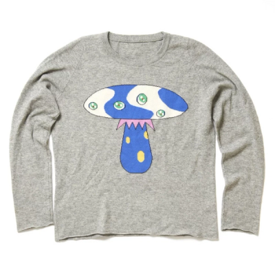 a gret sweater with an image of a mushroom with eyes