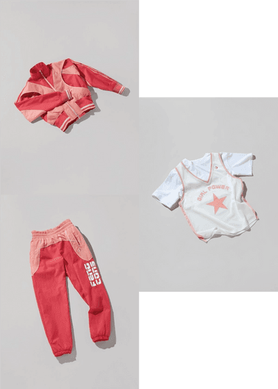 A collection of laydowns of three items of sportswear. On the left there is a two-tone pink nylon track jacket, a two-tone pink track pant and on the right there is a combination basketball jersey / t-shirt tee. Converse X Faith Connexion, Koché, Feng Chen Wang collaboration.