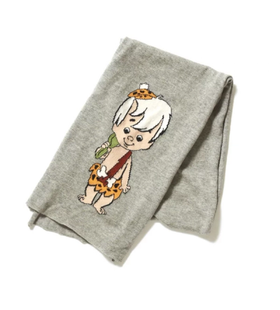 A grey knit scarf with an image of bam bam
