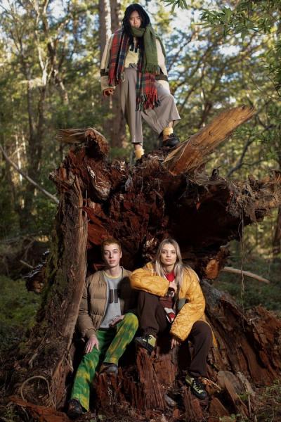 Group shot of a trio of friends sitting in and around a fallen tree in the middle of the forest.