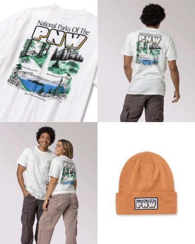 The Pacific Northwest (PNW) collection of a graphic t-shirt and a knit cap by Parks Project.