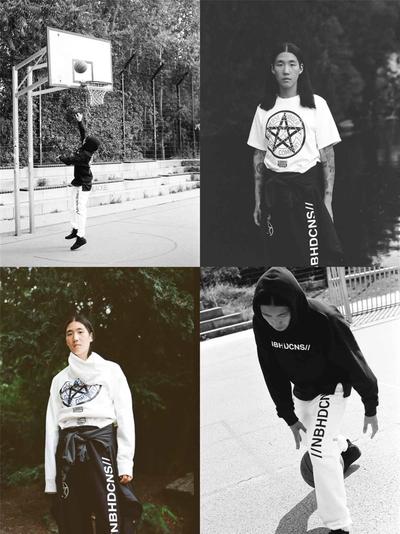 A collection of images of a man changing clothes and playing basketball. Neighborhood x Converse collab.