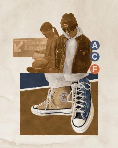 watercolor painting of shoes & people