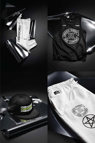 A collection of images of a hat, a pair of sweatpants and a basketball jersey. Neighborhood x Converse collab.