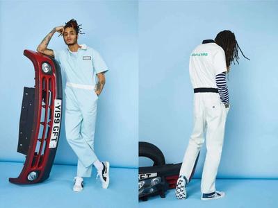Two photos, side by side, of a man wearing standing next to car parts. tyler, the creator x converse collab