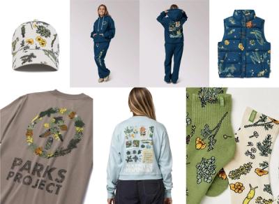 The Forager collection of a graphic t-shirts, sweatshirts, sweatpants, socks, and jackets all by Parks Project.