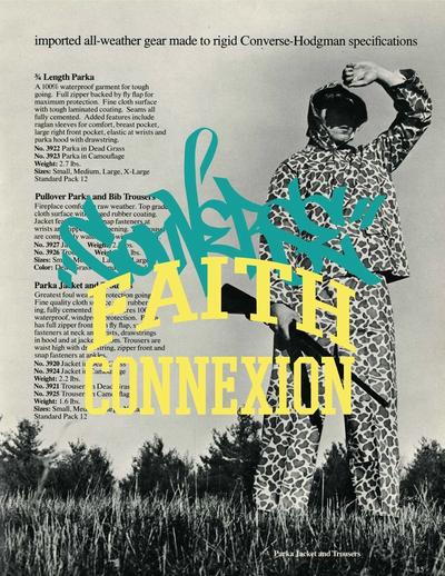 Hodgman / Converse advertisement from the 60s of a man hunting in full camo camouflage. The image has a blue and yellow graphic overlay. Converse X Faith Connexion, Koché, Feng Chen Wang collaboration