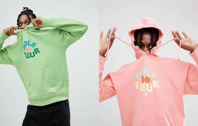 Two photos of a man wearing pastel color hoodies. Tyler, The Creator x Converse collaboration