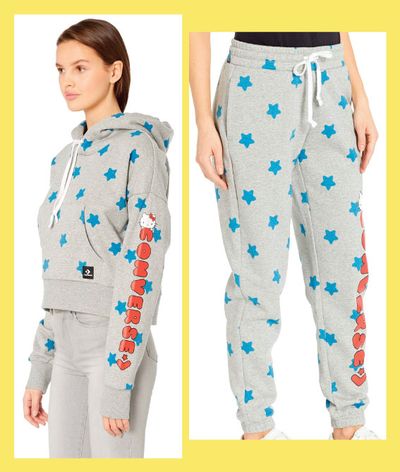 Collection of photos of a woman in a sweatsuit