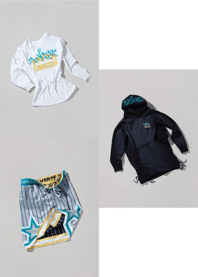 A collection of laydowns of 3 items of sportswear. One reversible basketball skirt, one hoody-dress w graphics, and a mariner shirt w chest graphic and shoulder buttons. Converse X Faith Connexion, Koché, Feng Chen Wang collaboration