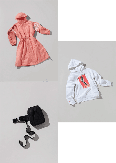 A collection of laydowns of three items of sportswear. On the left there is a light pink nylon parka, and a black waist bag and on the right there is a white pullover hoody with a pink graphic on the chest. Converse X Faith Connexion, Koché, Feng Chen Wang collaboration.