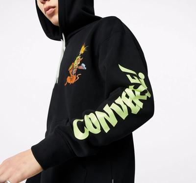 Close up of a CONVERSE print on the sleeve of a black hoody