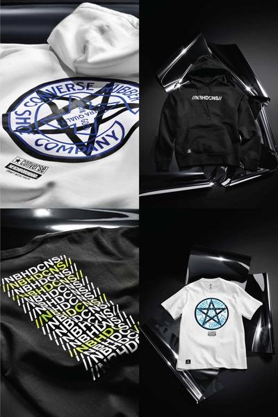 A collection of images featuring a hoody and a tee. Neighborhood x Converse collab.