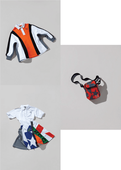 A collection of laydowns of 4 items of sportswear. On the left there is a patchwork dress, a cut & sew sweatshirt and a printed shoulder bag. Converse X Faith Connexion, Koché, Feng Chen Wang collaboration.