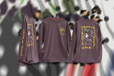 An image of multiple duplicate long sleeve t-shirts in the air with a background of polka dots, camo and the american flag. Brain Dead x Converse collaboration.