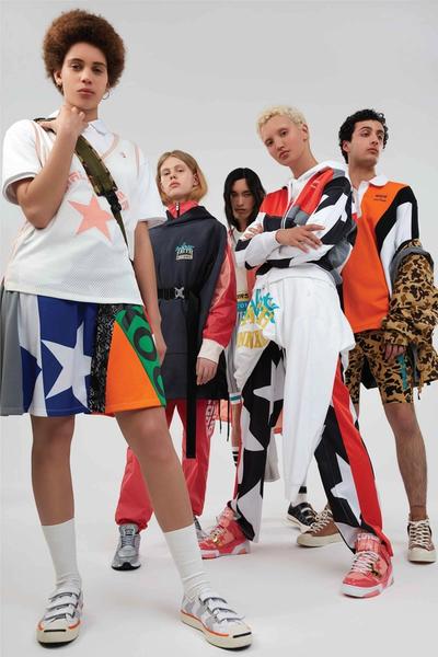 A diverse collection of people wearing a mix of the three brands on the collab. Converse X Faith Connexion, Koché, Feng Chen Wang collaboration