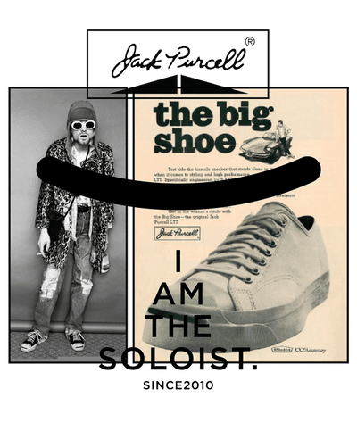 A mood board showing kurt cobain and a jack purcell shoe. Soloist x Converse collaboration.