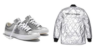 A photo of a silver pair of shoes and a silver jacket. tyler, the creator x converse collab