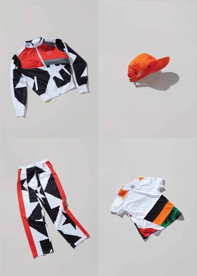 A collection of laydowns of 4 items of sportswear. On the left there is a black/white and red abstract printed tracksuit an orange cap and a patchwork tee. Converse X Faith Connexion, Koché, Feng Chen Wang collaboration.