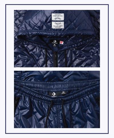 Close ups of a waistband of a pant and a hood. Converse x P.A.M. (Perks and Mini) collab. 