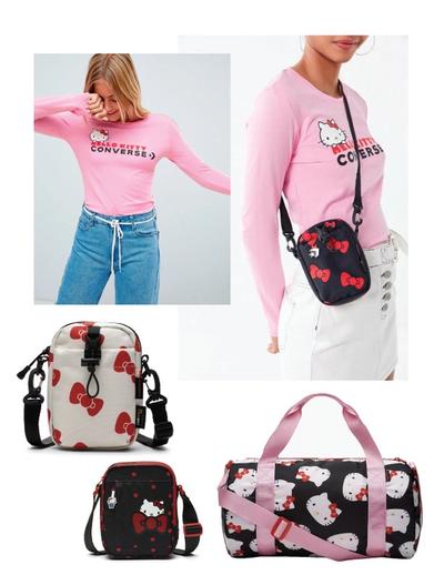 Collection of photos of a woman and various bags