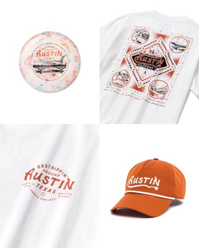 The Austin collection of a graphic t-shirt, frisbee, and hat by Parks Project.