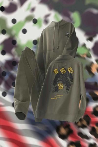 A collection of images of a multi-patterned utility tote floating around a fake backdrop of mixed patterns. Brain Dead x Converse collaboration.