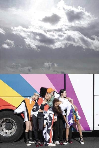 A group of people piled together in front of a rainbow bus. Converse X Faith Connexion, Koché, Feng Chen Wang collaboration