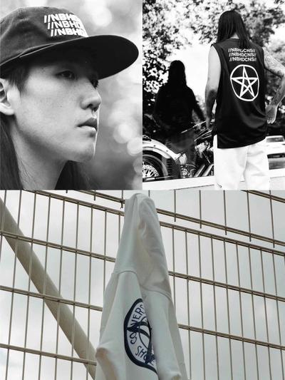 A hoody hangs from a fence. A collection of images of a man changing clothes and playing basketball. Neighborhood x Converse collab.