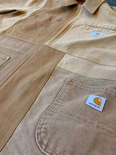 Close up of an upcycled carhartt jacket