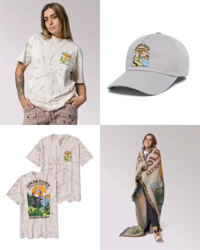 The Golden Gate collection of a graphic t-shirt, blanket, and a cap by Parks Project.