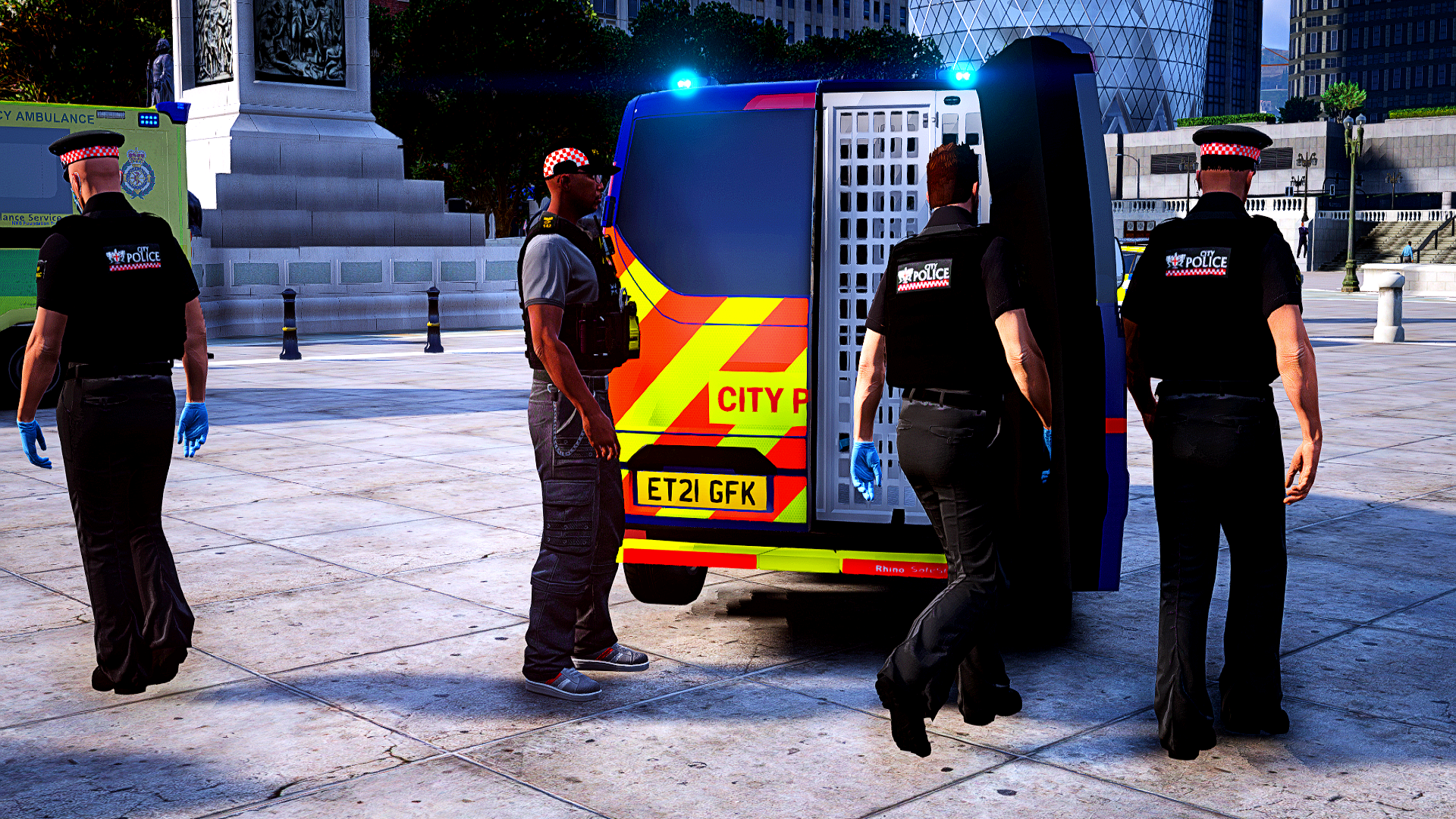 Suspect arrested and ready for transport at Trafalgar Square