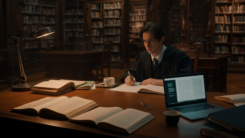 PhD candidate facing academic challenges and research pressure at a top university library