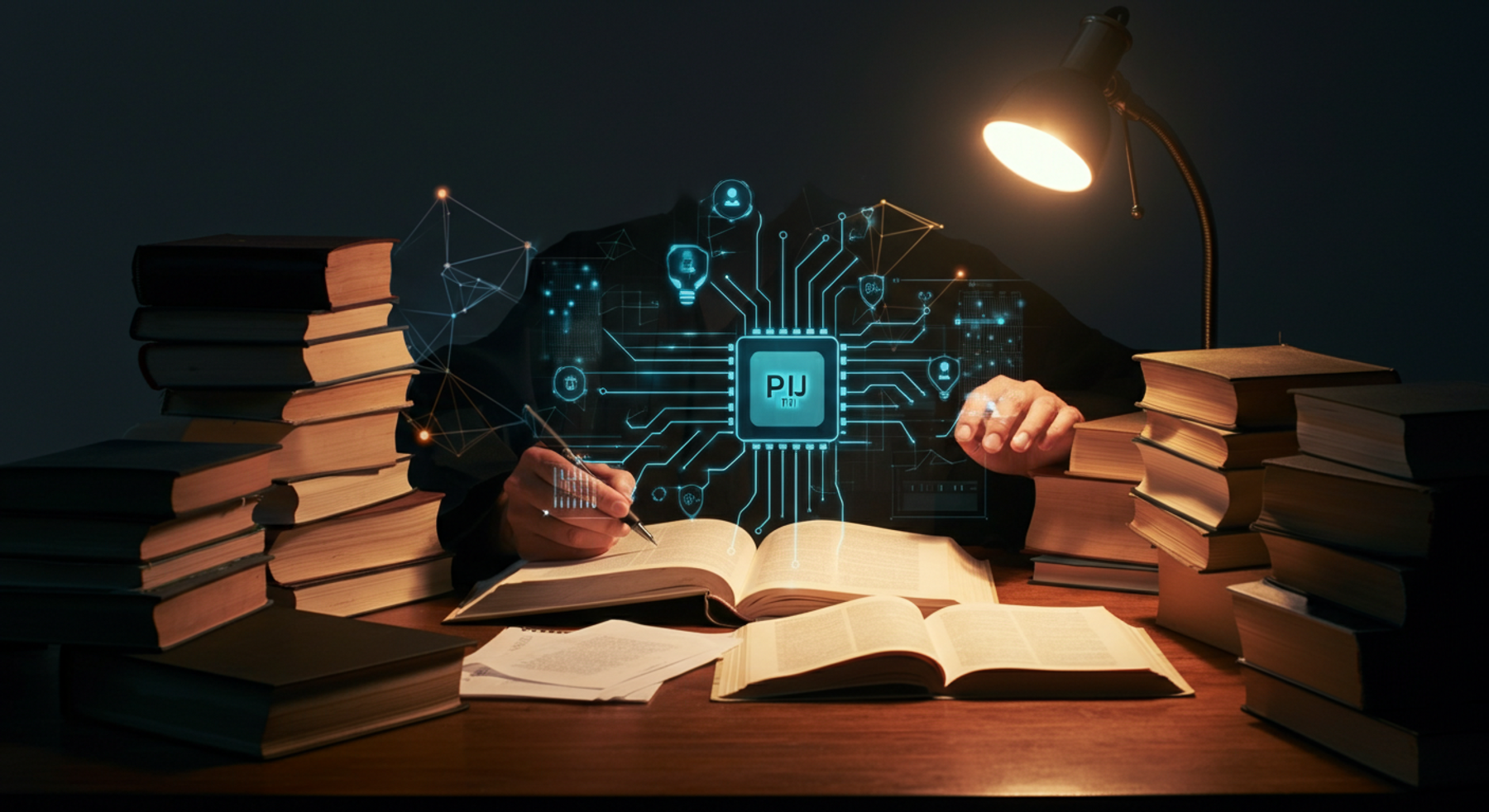 A PhD researcher working at a desk surrounded by academic journals and books, with subtle AI interface elements in the background representing the collaboration between human intellect and modern technology.