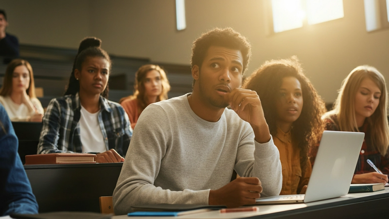 Diverse university students in a bright lecture hall, one student appearing anxious and hesitant as if about to speak, surrounded by equally withdrawn classmates in a tense academic atmosphere