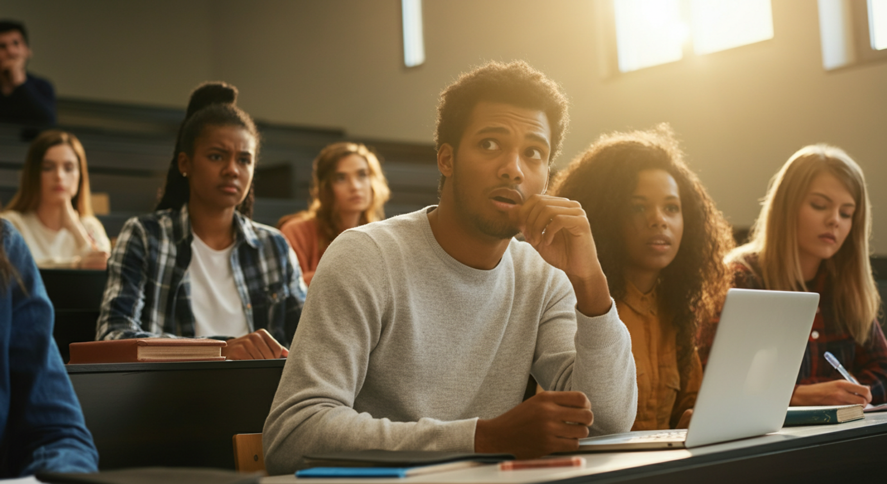 Diverse university students in a bright lecture hall, one student appearing anxious and hesitant as if about to speak, surrounded by equally withdrawn classmates in a tense academic atmosphere