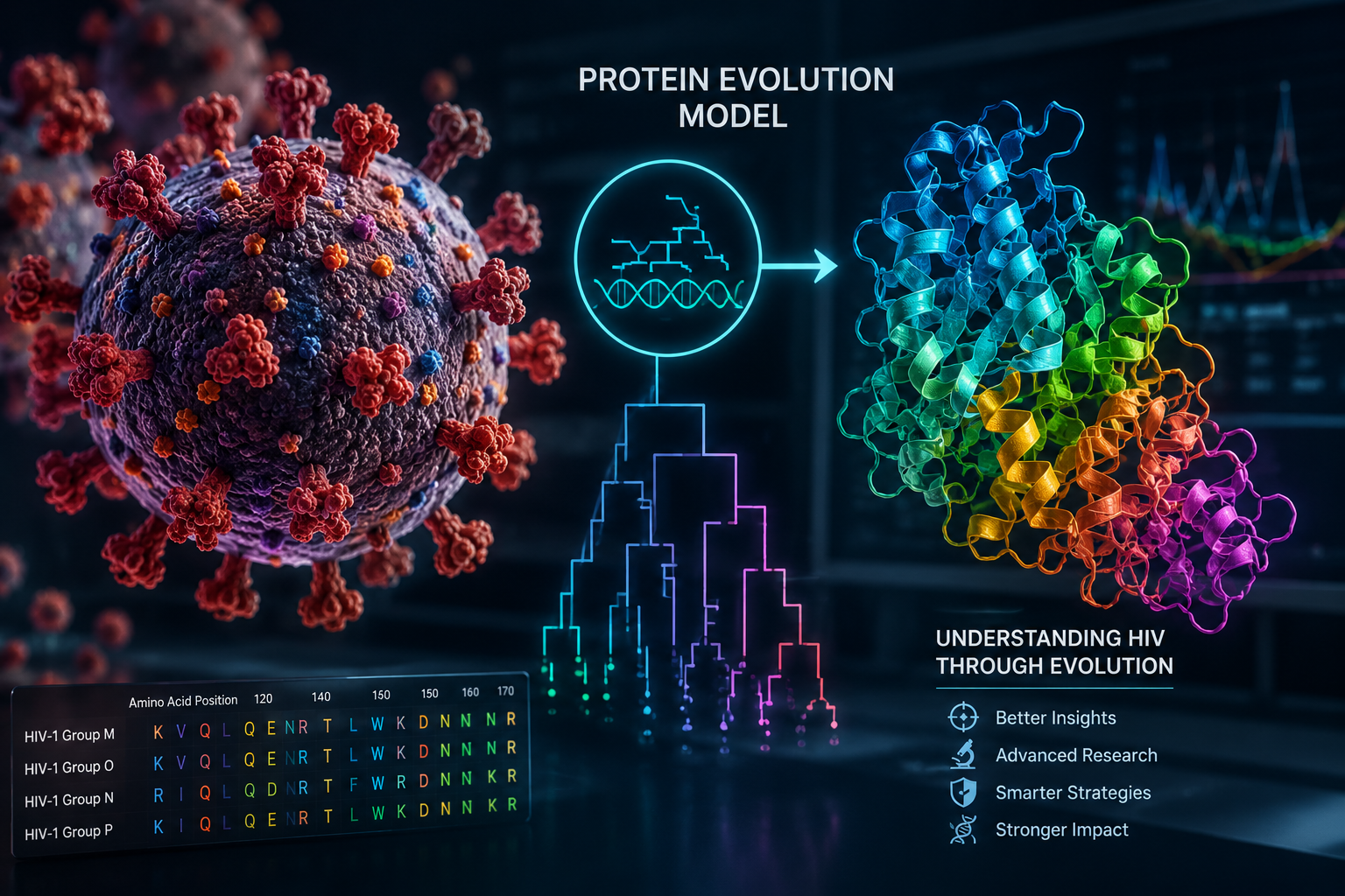 Scientific illustration of HIV protein evolution and molecular modeling, showing an HIV particle, protein structure, DNA, and evolutionary analysis.
