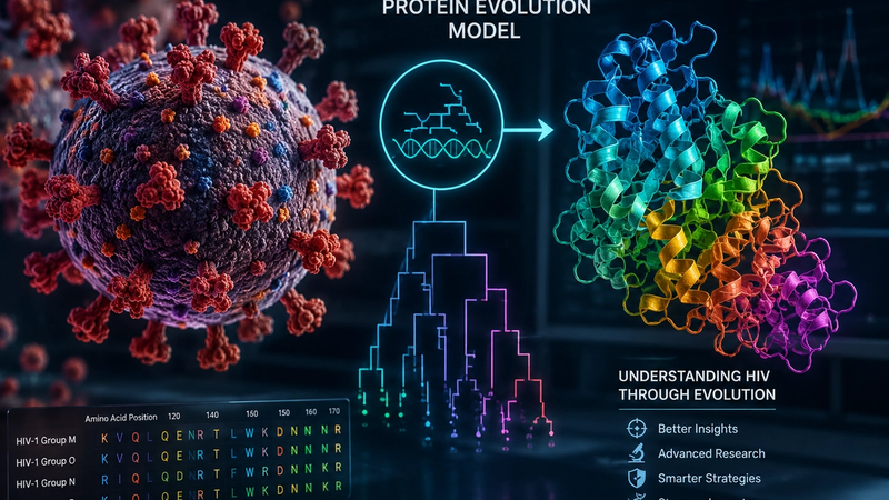 Scientific illustration of HIV protein evolution and molecular modeling, showing an HIV particle, protein structure, DNA, and evolutionary analysis.