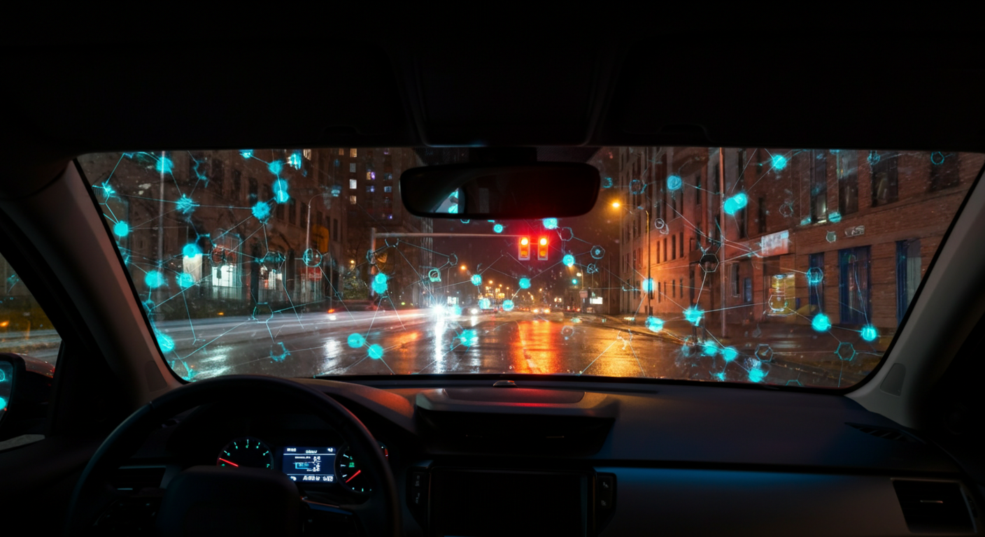 A self-driving car neural network perception system visualized with adversarial perturbation patterns overlaid on a road scene, representing the threat of adversarial attacks on autonomous driving AI models.