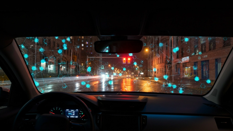 A self-driving car neural network perception system visualized with adversarial perturbation patterns overlaid on a road scene, representing the threat of adversarial attacks on autonomous driving AI models.